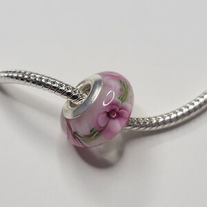New For Pandora Charm Bracelet 925 Sterling Silver Murano Glass Flower Bead Pink